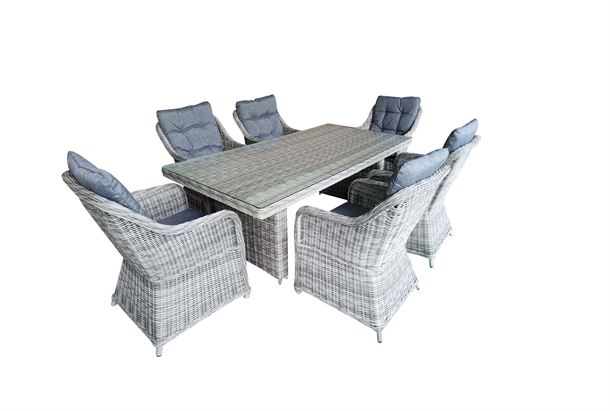 Havesæt model Sevilla. 6 stole + 200 cm bord i mixed gråt rundt polyrattan.